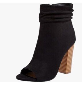 Black Peep Toe Slouch Ankle Boots Chunky Stacked Heels Side Zipper Shoes